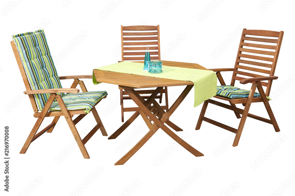 Set of folding wooden garden furniture - table and 3 chairs isolated on white and with clipping path Set of folding wooden garden furniture - table and 3 chairs isolated on white and with clipping path
