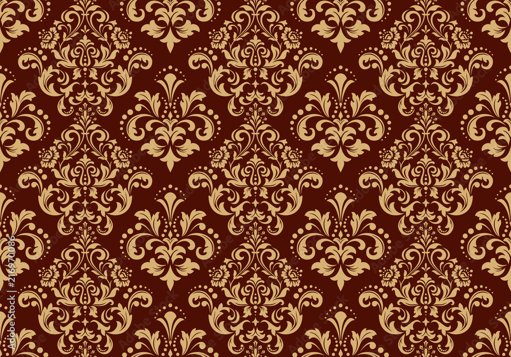 Wallpaper in the style of Baroque. Seamless vector background. Gold and  dark brown floral ornament. Graphic pattern for fabric, wallpaper,  packaging. Ornate Damask flower ornament Stock Vector | Adobe Stock
