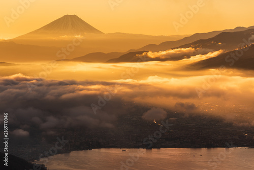 諏訪湖 朝焼け 富士山