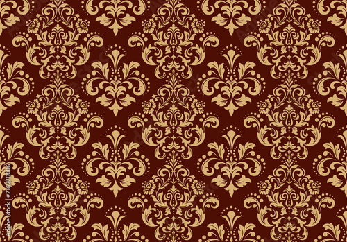 Wallpaper in the style of Baroque. Seamless vector background. Gold and dark brown floral ornament. Graphic pattern for fabric, wallpaper, packaging. Ornate Damask flower ornament