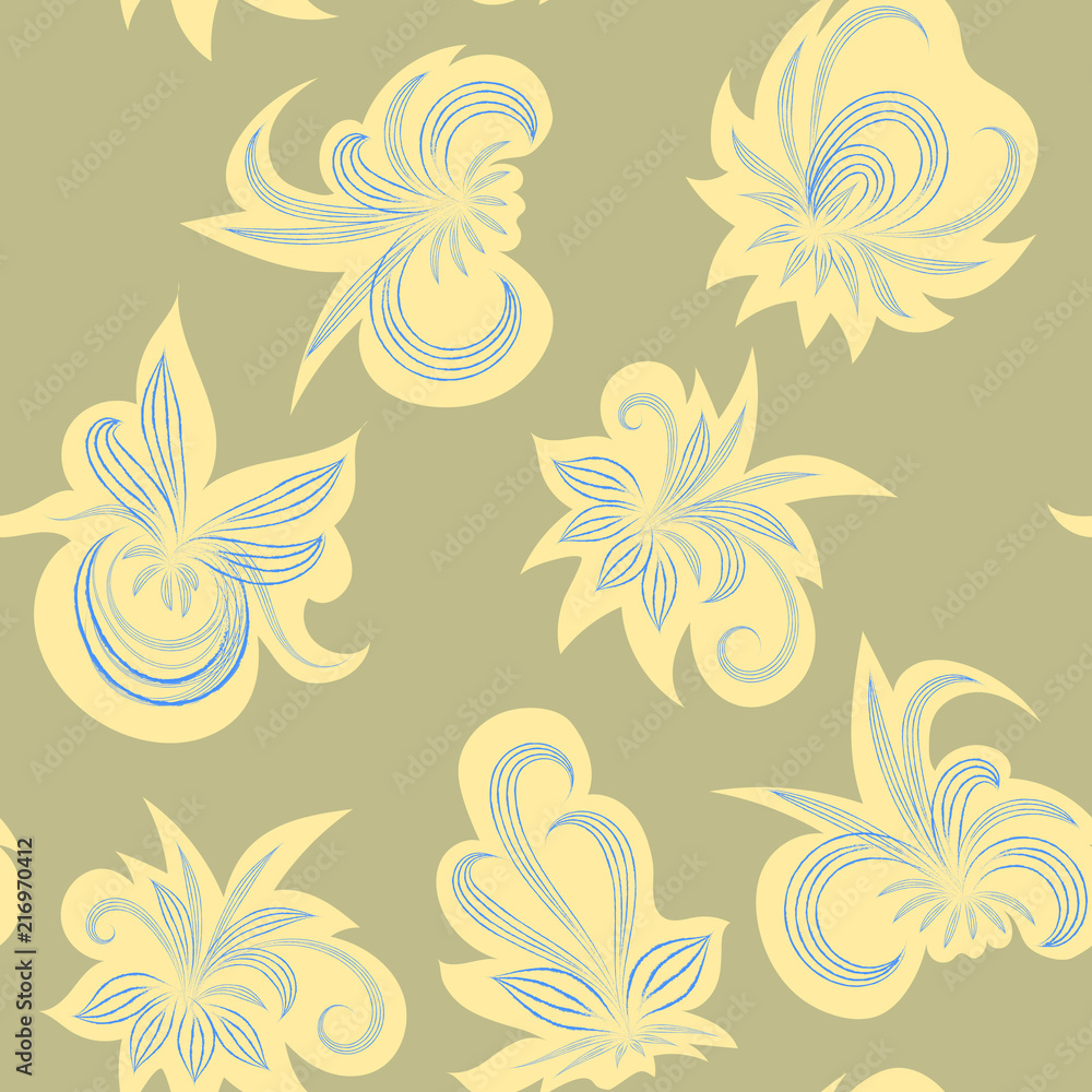 Vector abstract seamless floral pattern in beige color doodle outline colors on a yellow stain background