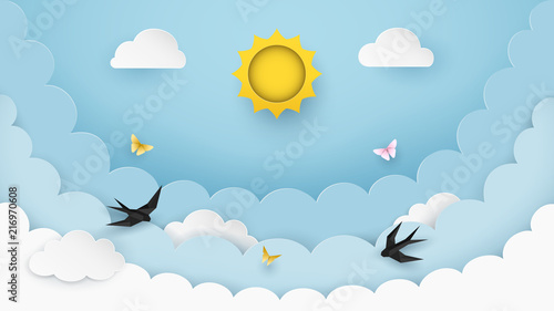 Sun, clouds, flying birds and butterflies on the clear blue sky background. Cloudy scenery background. Paper and craft style. Origami swallows. Cartoon background for children. Vector Illustration.