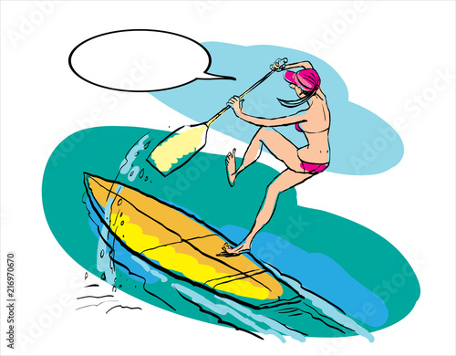 Woman doing Stand Up Paddling on Paddle Board on Water at Seaside.