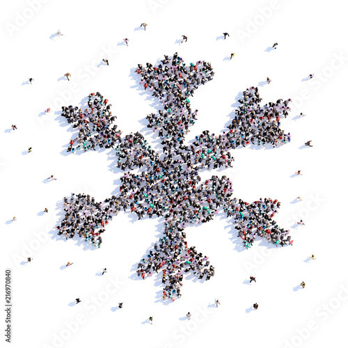 A lot of people form snowflake, weather, icon . 3d rendering.