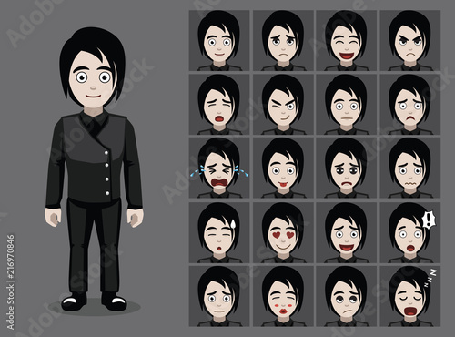 Gothic Emo Boy Cartoon Emotion faces Vector Illustration
