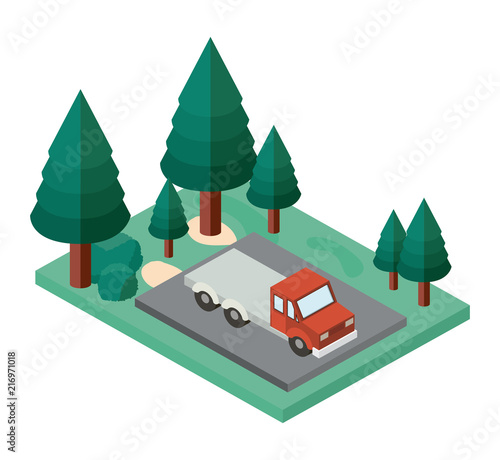 truck parking and trees scene isometric icon vector illustration design