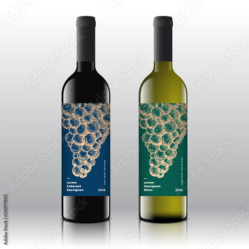 Premium Quality Red and White Wine Labels Set on the Realistic Vector Bottles. Clean and Modern Design with Hand Drawn Retro Grapes Bunch and Stylish Minimal Typography.