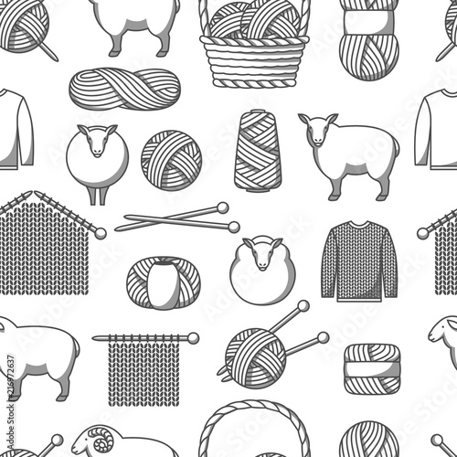 Seamless pattern with wool items. Goods for hand made, knitting or tailor shop