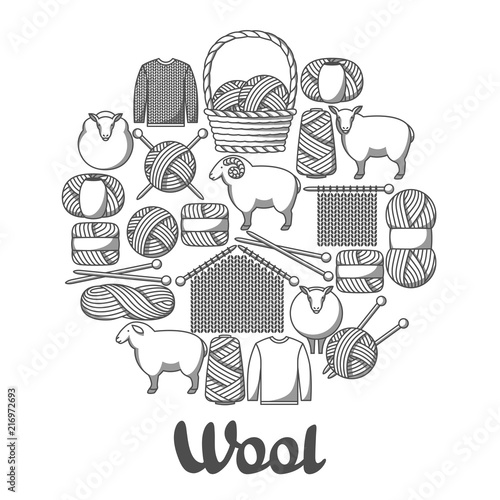 Background with wool items. Goods for hand made, knitting or tailor shop