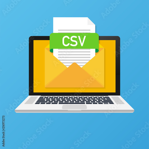 Laptop with envelope and CSV file. Notebook and email with file attachment CSV document. Vector illustration.