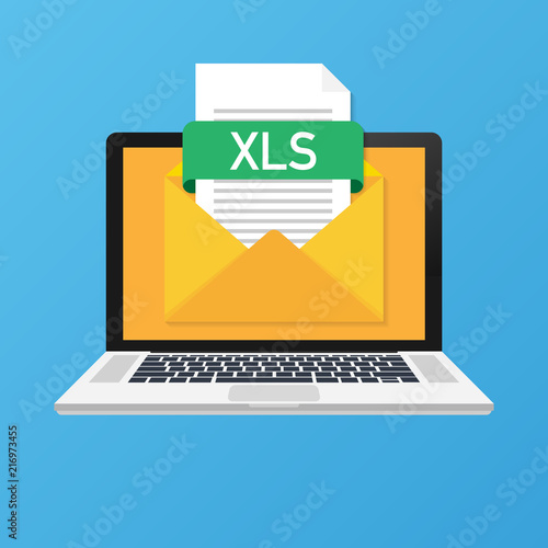 Laptop with envelope and XLS file. Notebook and email with file attachment XLS document. Vector illustration.
