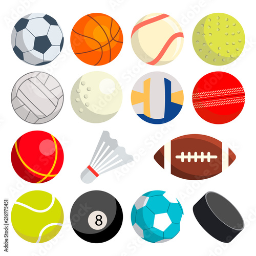 Sport Balls Set Vector. Round Sport Equipment. Game Classic Balls. Gaming Icons. Soccer, Rugby, Baseball, Basketball, Tennis, Puck, Volleyball. Isolated Illustration