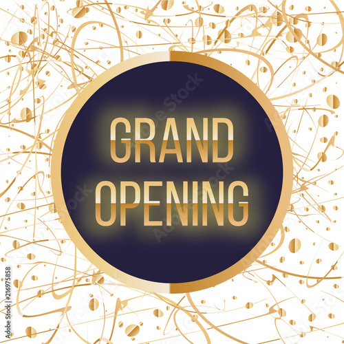 Grand opening lettering. Sparkling banner with gold sparkles. Text typography composition with golden paint dots splashes.. Elegant fancy style. Vector Illustration