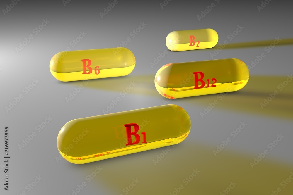 Transparent yellow vitamin B1, B2, B6, B12 capsules. Vitamin and ...