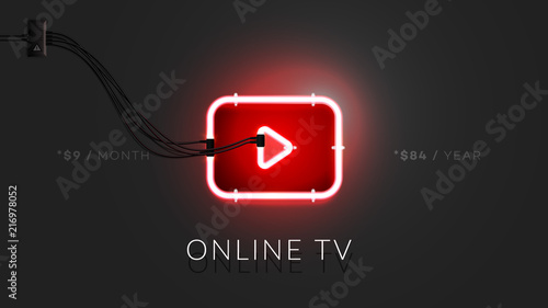 3d Neon Abstract Video Player Sign. Realistic Vector Banner With Lighting Red Neon Tube On Black Background. Conceptual Vector Illustration