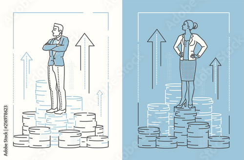 Business people standing on coins - set of line design style illustrations
