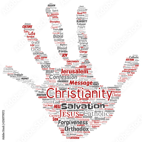 Vector conceptual christianity, jesus, bible, testament hand print stamp  word cloud isolated background. Collage of teachings, salvation resurrection, heaven, confession, forgiveness, love concept