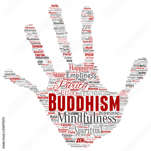 Vector conceptual buddhism, meditation, enlightenment, karma hand print stamp word cloud isolated background. Collage of mindfulness, reincarnation, nirvana, emptiness, bodhicitta, happiness concept