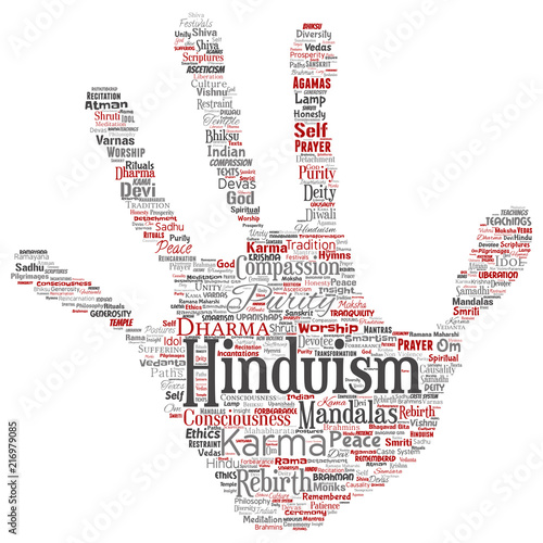 Vector conceptual hinduism, shiva, rama, yoga hand print stamp word cloud isolated background. Collage of mandalas, samsara, celebration, tradition, peace, compassion, rebirth, karma, dharma concept