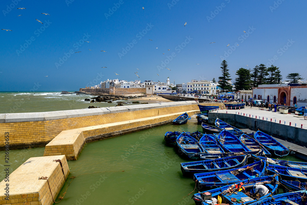 Blue boats at the port Essaouira, Morocco