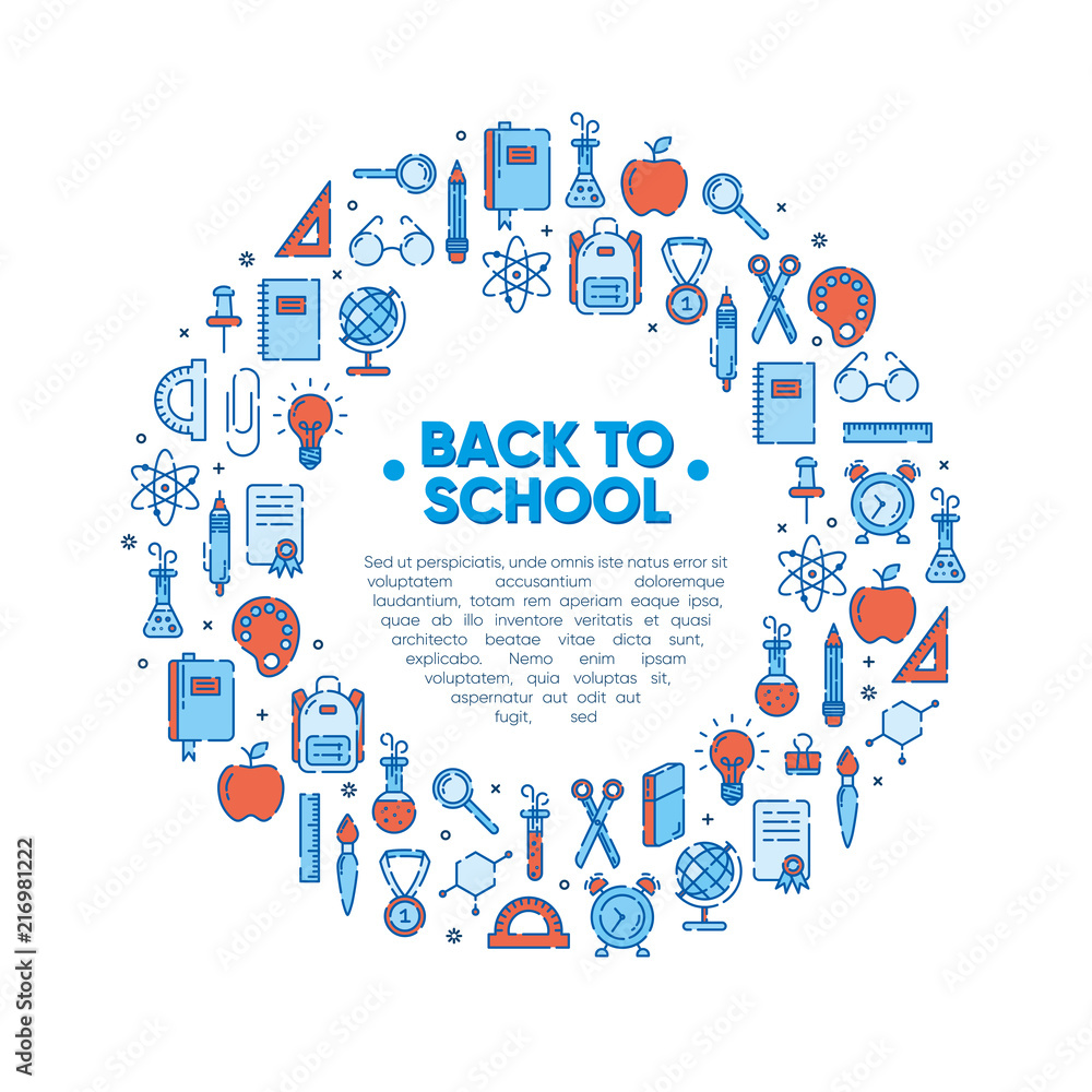 Design element of Back to school icons outline set, icons of school supplies. Welcome back to school badge. 