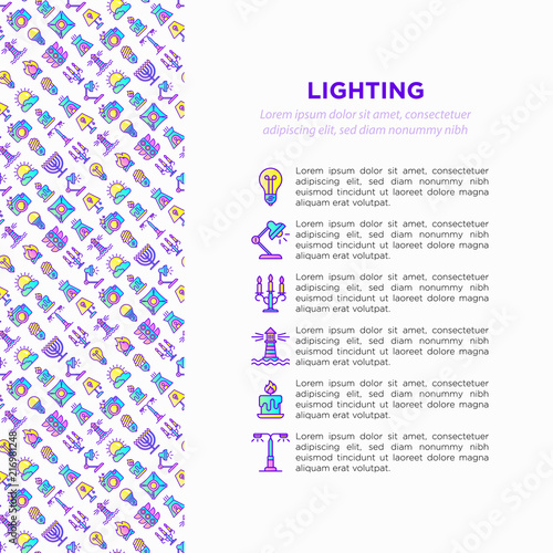 Lighting concept with thin line icons: bulb, LED, CFL, candle, table lamp, sunlight, spotlight, flash, candelabrum, bonfire, menorah, lighthouse. Modern vector illustration, print media template.