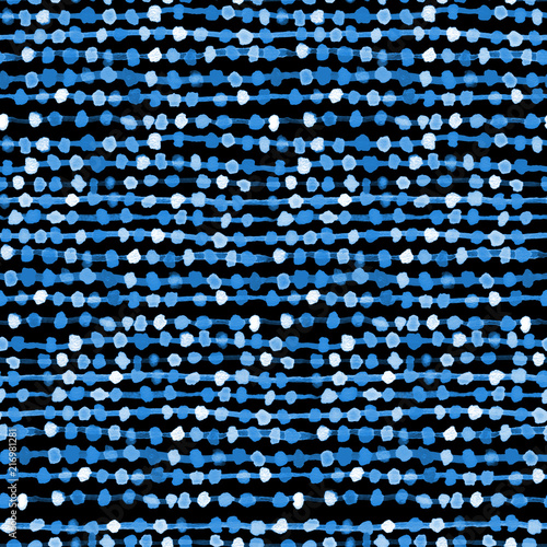 Seamless watercolour abstract pattern. Thin thread with small blue beads. Repeating texture with circles on black for fabric, textile, craft