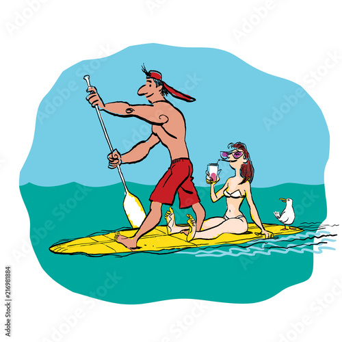 Couple doing Stand Up Paddling on Paddle Board on Water at Seaside.