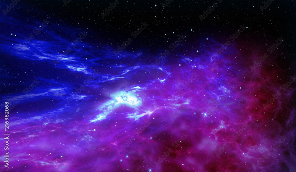 The cosmos with stars birth in nebula clouds. Galaxy abstract 3D illustration. Concept of space journey and exploration.