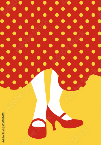 Legs of flamenco dancer and typical Spanish polka dot dress. Spanish-style shoes tapping