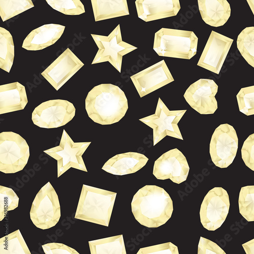 Seamless pattern with white colorful gem stones on black background. Jewels pattern.