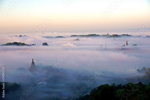 misty sunrise of Mrauk U, Rakhine State, Myanmar, Burma photo