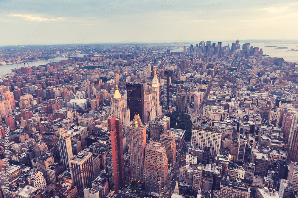 New York Cityscape. Aerial view.Panoramic. Manhattan. Retro styled. Vinatge effect.