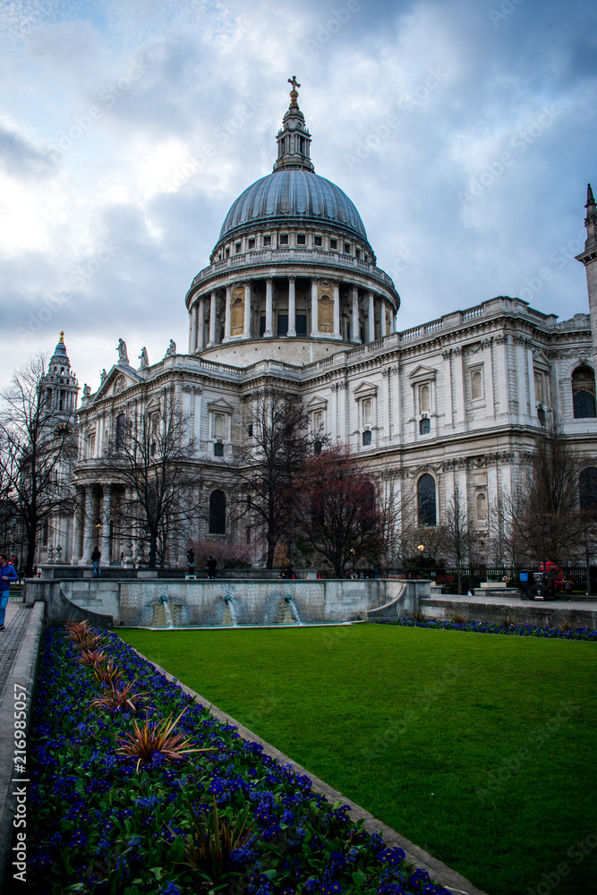 St Paul's church in London, England on a cold day with a grey sky with clouds