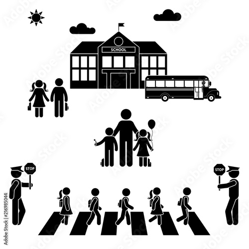 Children going to school building. Boys and girls crossing the crosswalk stick figure