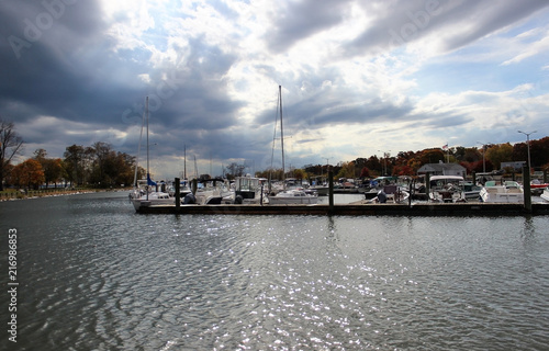 Late fall day at the marina as boaters begin wrapping up the boating season. It's still a beautiful day but clouds are starting to settle in. Happy Autumn!