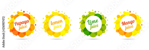 Fresh juice papaya, lemon, lime, mango in label splash set design. Orange, yellow and green drops bubbly logo on white background. Apple and orange juice design, creative vector illustration 