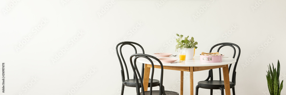 Springform cake pan and pastel pink plates on a wooden table with black chairs around in a white dining room interior with copy space