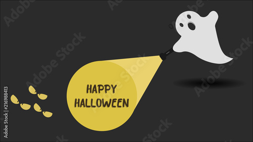 Cute ghost character just found the Happy Halloween message with his flashlight. Vector illustration.