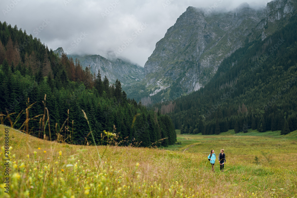 Two friends hiking on green hills with beautiful view of Rysy mountains, Tatras, Poland, Slovakia