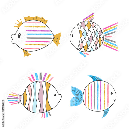 Set of cute cartoon fish. V...
