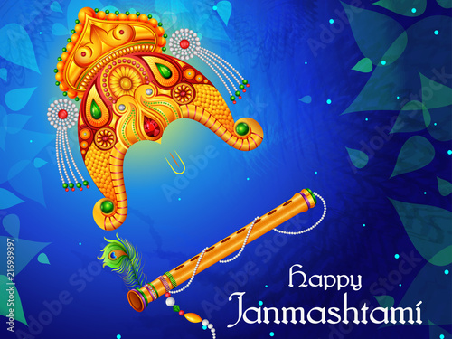 Krishna flute on Happy Janmashtami India background