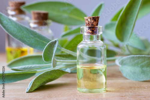 Foto A bottle of sage essential oil with fresh sage