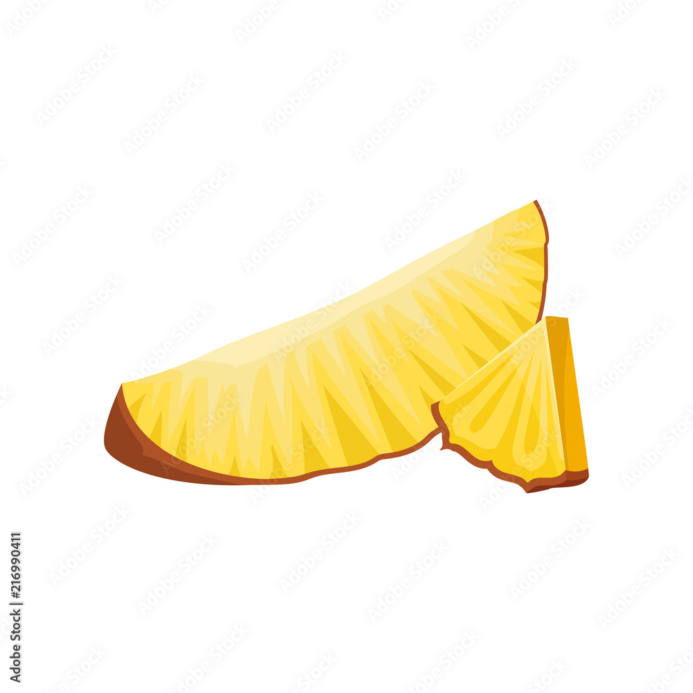 Two small slices of fresh pineapple. Tasty tropical fruit. Decorative flat vector element for juice or candy packaging Two small slices of fresh pineapple. Tasty tropical fruit. Decorative flat vector element for juice or candy packaging