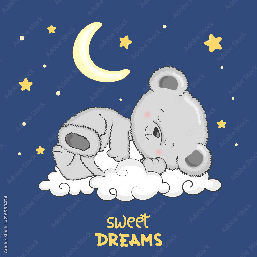 Cute Teddy Bear sleeping on the cloud. Sweet dreams vector ...