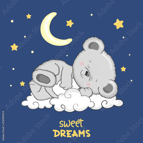 Cute Teddy Bear sleeping on the cloud. Sweet dreams vector illustration.