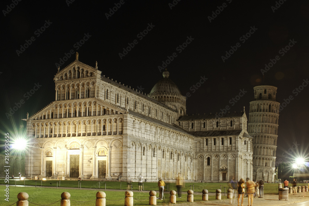 Pisa leaning tower and chatedral in Piazza dei Miracoli night shot