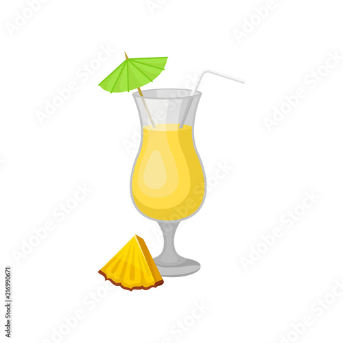 Glass of pina colada cocktail with umbrella and drinking straw, small triangle piece of pineapple. Delicious alcoholic drink. Flat vector icon