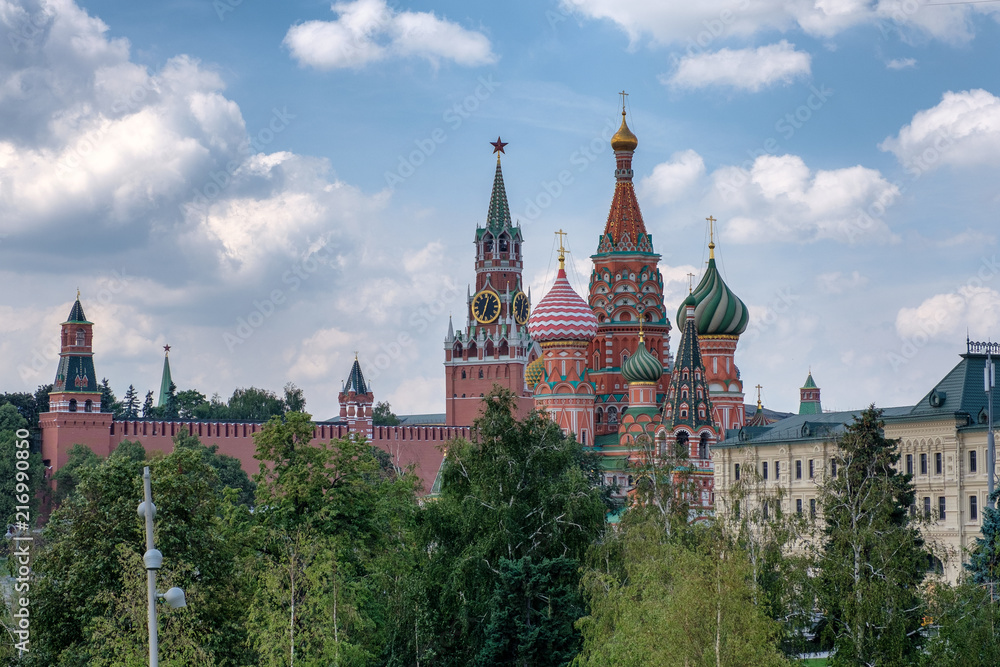 View of the Moscow Kremlin from the Zaryadie Park. Moscow, Russia