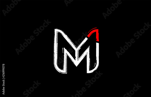 grunge white red black alphabet letter m logo design